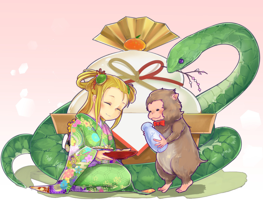 1girl ^_^ blonde_hair bottle bow bowtie branch closed_eyes commentary_request floral_print food fruit gradient gradient_background hair_ornament highres japanese_clothes japanese_macaque kagami_mochi kimono long_hair mandarin_orange meimei_(p&amp;d) monkey mouth_hold mrider new_year obi pink_background puzzle_&amp;_dragons sakazuki sake_bottle sash seiza shadow sitting smile snake tail turtle_shell