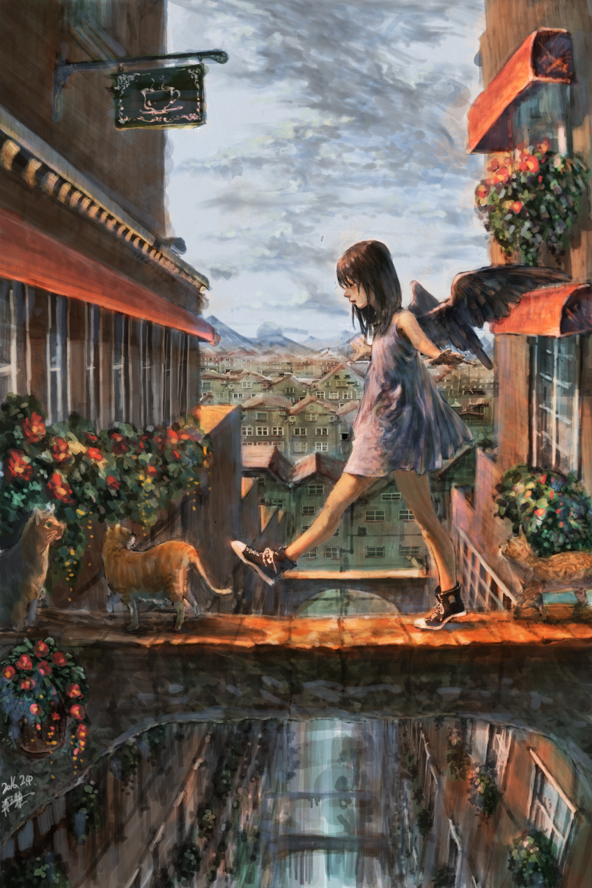 1girl 2016 absurdres artist_name awning balancing brown_hair building cat closed_eyes dated dress flower highres number original outdoors outstretched_arms plant shoes sign sitting sleeveless sleeveless_dress sneakers spread_arms walking white_dress window wings zennosuke