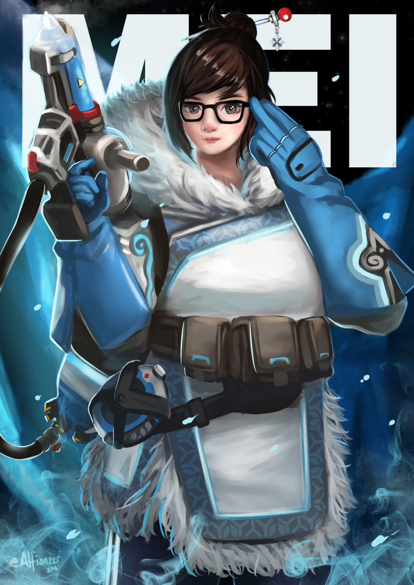 1girl absurdres adjusting_glasses artist_name beads belt belt_pouch black-framed_eyewear blue_gloves blue_legwear brown_eyes brown_hair canister canteen character_name closed_mouth coat dated fur_coat fur_trim glasses gloves gun hair_bun hair_ornament hair_stick highres holding holding_weapon hose mei_(overwatch) overwatch parka short_hair snowflake_hair_ornament solo utility_belt weapon winter_clothes winter_coat