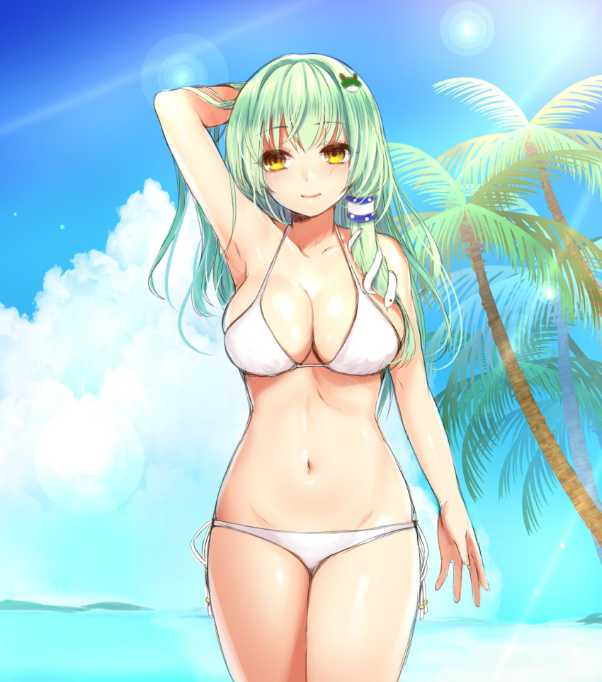 1girl arm_up armpits bikini blue_sky blush breasts clouds colored cowboy_shot eyebrows eyebrows_visible_through_hair frog_hair_ornament green_hair hair_ornament hair_tubes highres kanzaki_maguro kochiya_sanae large_breasts light_rays long_hair midriff navel ocean outdoors palm_tree side-tie_bikini sketch sky smile snake_hair_ornament solo standing sunbeam sunlight swimsuit touhou tree white_bikini white_swimsuit yellow_eyes