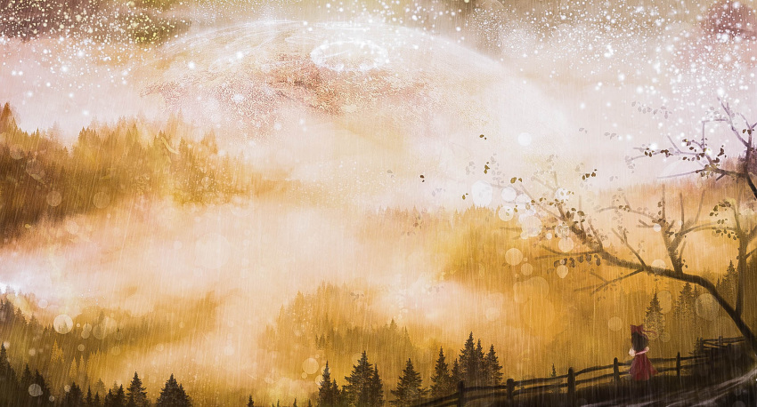 1girl akyuun black_hair bow commentary fence fog forest from_behind full_moon hair_bow hakurei_reimu highres landscape lens_flare long_hair looking_afar moon nature scenery sky solo star_(sky) texture touhou