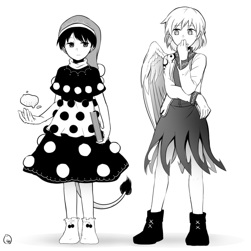 2girls :3 blob book boots contrapposto covering_mouth doremy_sweet dress greyscale hand_on_own_face hat highres holding holding_book jacket kishin_sagume monochrome multiple_girls nightcap pom_pom_(clothes) short_dress short_hair sisikuku tail tapir_tail touhou white_background wings