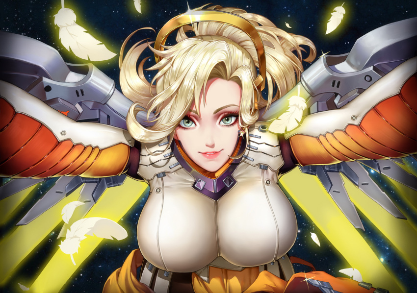 1girl aqua_eyes bangs blonde_hair bodysuit breasts eyelashes feathers glowing highres large_breasts lens_flare light_particles lips long_hair looking_at_viewer mechanical_halo mechanical_wings mercy_(overwatch) night outstretched_arms overwatch ponytail qi_kou red_lips sky smile solo star_(sky) starry_sky upper_body wings
