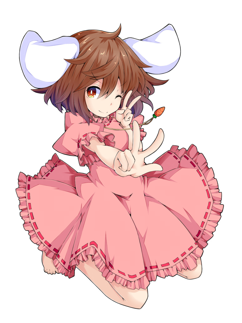 1girl animal_ears barefoot bent_knees brown_eyes brown_hair carrot commentary_request double_v dress full_body heart highres inaba_tewi ishimu jewelry kneeling looking_at_viewer necklace one_eye_closed pendant pink_dress pose puffy_short_sleeves puffy_sleeves rabbit_ears short_hair short_sleeves smile solo touhou v white_background
