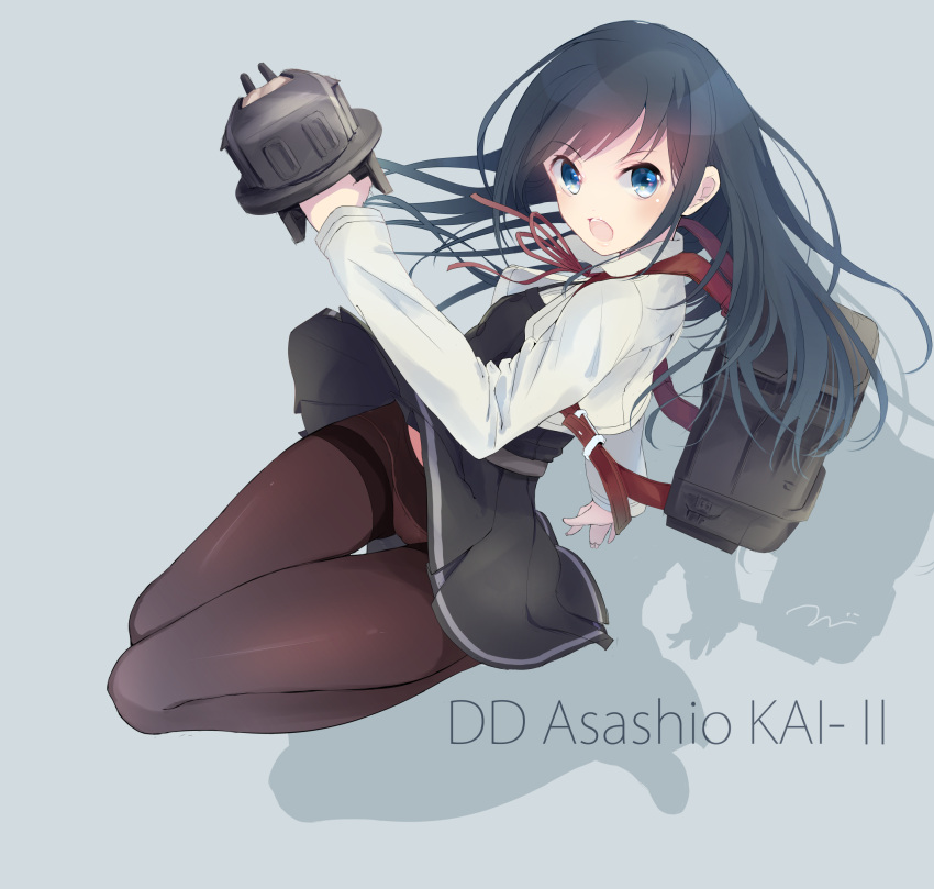 1girl asashio_(kantai_collection) belt black_hair black_legwear blue_eyes buttons character_name commentary_request dress gloves grey_background highres kantai_collection long_hair long_sleeves looking_to_the_side lowleg lowleg_panties machinery open_mouth panties panties_under_pantyhose pantyhose pinafore_dress red_ribbon remodel_(kantai_collection) ribbon short_dress simple_background solo tebi_(tbd11) thigh_strap thighband_pantyhose turret underwear
