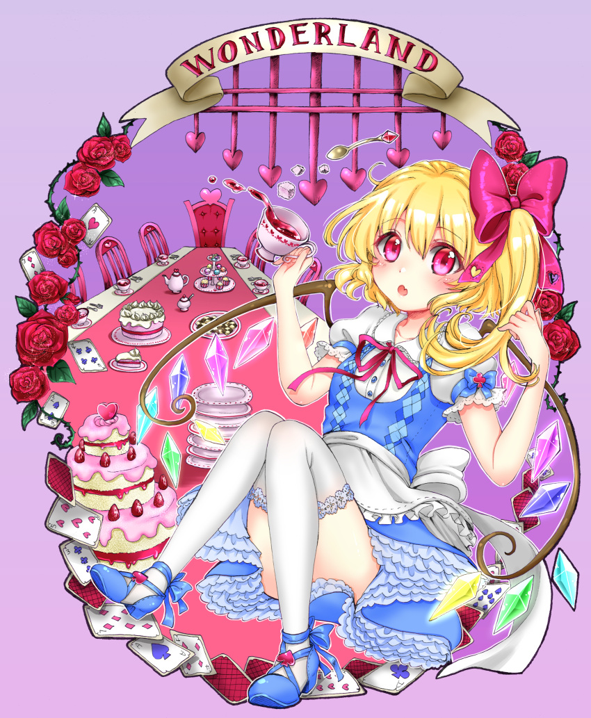 1girl absurdres alice_(wonderland)_(cosplay) alice_in_wonderland alternate_costume apron blonde_hair blue_dress blush cake card chair convenient_leg crystal cup dress english fang flandre_scarlet flower food full_body hair_ribbon highres lavender_background looking_at_viewer open_mouth pastel_(iero-guri-nn) puffy_sleeves red_eyes ribbon rose short_sleeves side_ponytail solo spoon table teacup text thigh-highs touhou waist_apron white_legwear wings
