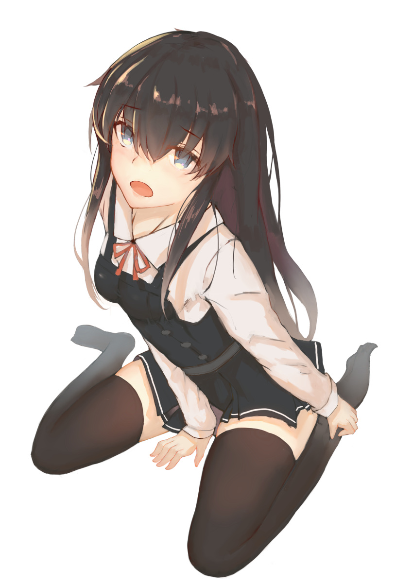 1girl absurdres asashio_(kantai_collection) between_legs black_hair black_legwear blouse blue_eyes foodtoyc from_above full_body hair_between_eyes hand_between_legs hand_on_ankle hand_on_leg highres kantai_collection long_hair looking_at_viewer miniskirt open_mouth pleated_skirt remodel_(kantai_collection) school_uniform sitting skirt solo white_background white_blouse