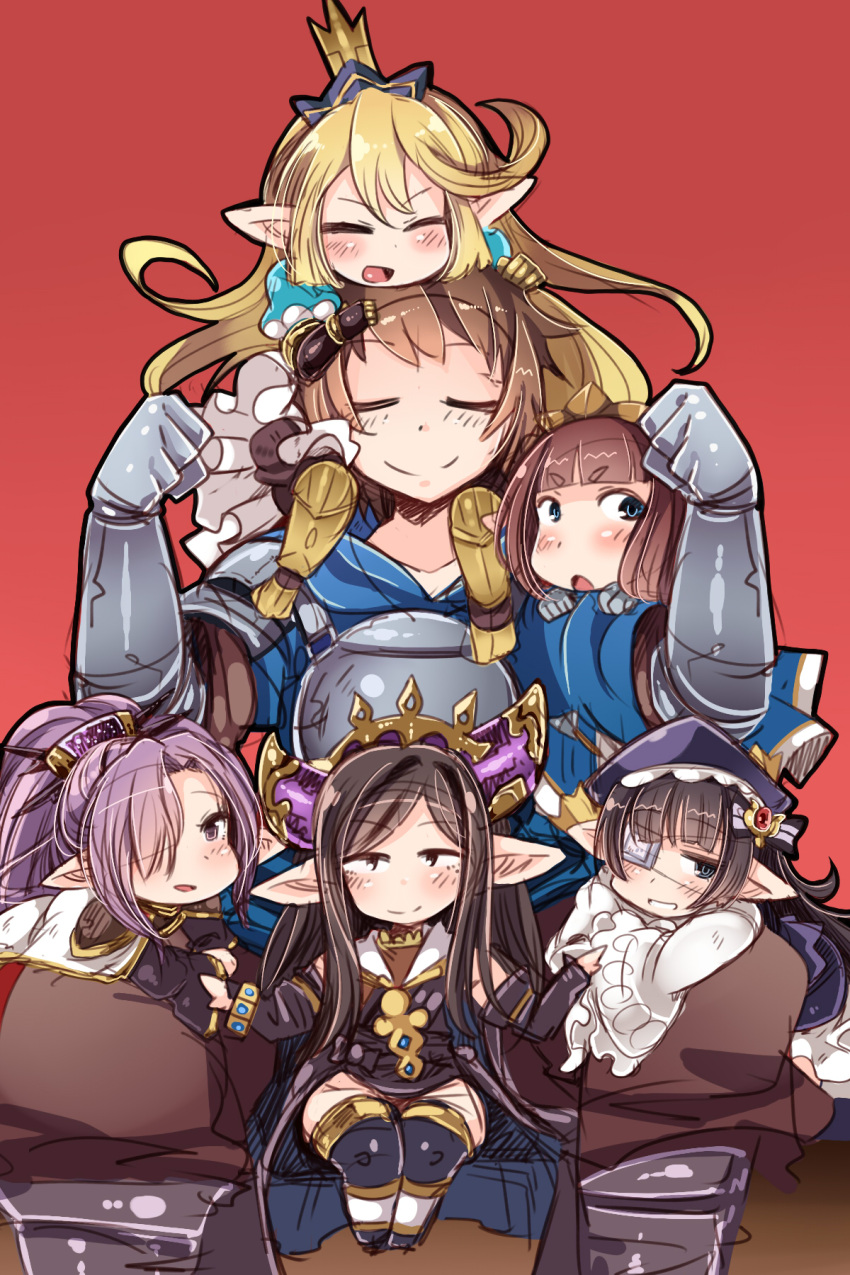 1boy 5girls :d :o amagaeru_(hylathewet) armor arulumaya black_hair blonde_hair blue_eyes blush boots brijil brown_hair carrying charlotta_(granblue_fantasy) closed_eyes crown dress eyepatch fighter_(granblue_fantasy) frills gauntlets gloves gran_(granblue_fantasy) granblue_fantasy hair_ornament hair_over_one_eye hands_on_another's_head highres lavender_eyes lavender_hair long_hair long_sleeves looking_at_viewer lunaru_(granblue_fantasy) multiple_girls nio_(granblue_fantasy) open_mouth pointy_ears ponytail puffy_short_sleeves puffy_sleeves red_background short_hair short_sleeves shoulder_carry simple_background sitting smile tagme thigh-highs thigh_boots