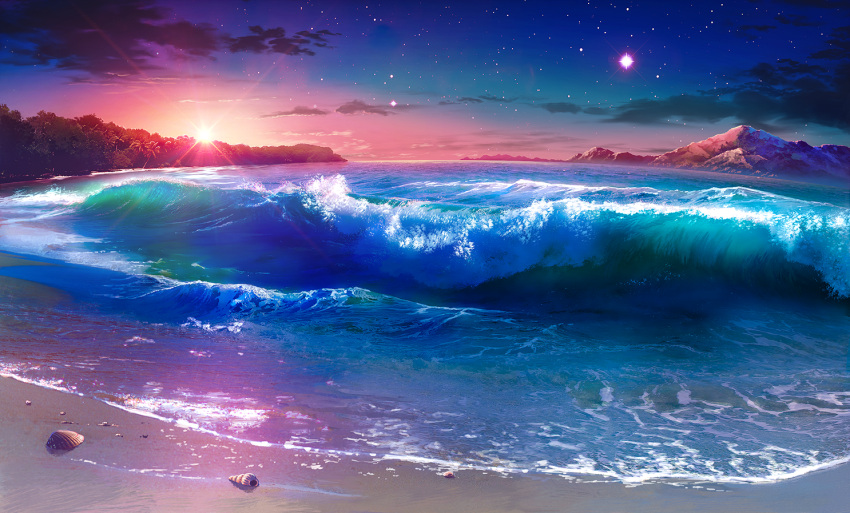beach monorisu no_humans ocean original scenery sky star_(sky) starry_sky sunset