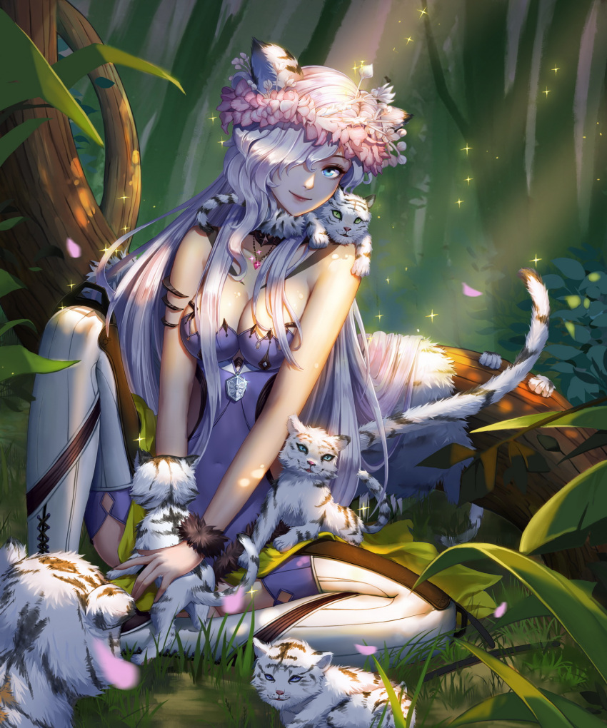 1girl animal animal_ears animal_on_lap armlet blue_eyes boots breasts cleavage closed_mouth dappled_sunlight detached_collar flower forest fur_trim glint grass hair_over_one_eye head_wreath highres jewelry knee_up large_breasts light_rays long_hair looking_at_viewer nature necklace on_ground one_eye_covered original pendant petals pink_flower qi_kou sitting smile solo sparkle strapless sunlight tail thigh-highs thigh_boots tiger tiger_cub tiger_ears tiger_tail tree very_long_hair white_boots white_hair white_tiger wrist_cuffs