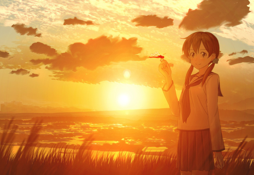 1girl bangs black_eyes blouse brown_hair closed_mouth clouds cloudy_sky cowboy_shot dragonfly eyebrows eyebrows_visible_through_hair grass hair_ornament hair_over_shoulder highres key_kun long_sleeves looking_at_viewer nature neckerchief original outdoors pleated_skirt school_uniform serafuku skirt sky smile solo standing sun sunlight twilight twintails white_blouse