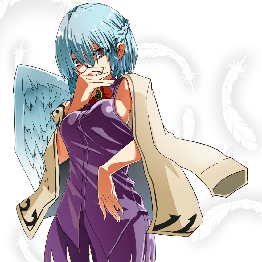 1girl blue_hair bow bowtie braid breasts covering_mouth cowboy_shot dress feathers hand_on_own_face highres jacket jacket_on_shoulders kishin_sagume long_sleeves manekinekoppoi_inu purple_dress red_eyes short_hair sideboob single_wing solo touhou white_background wings