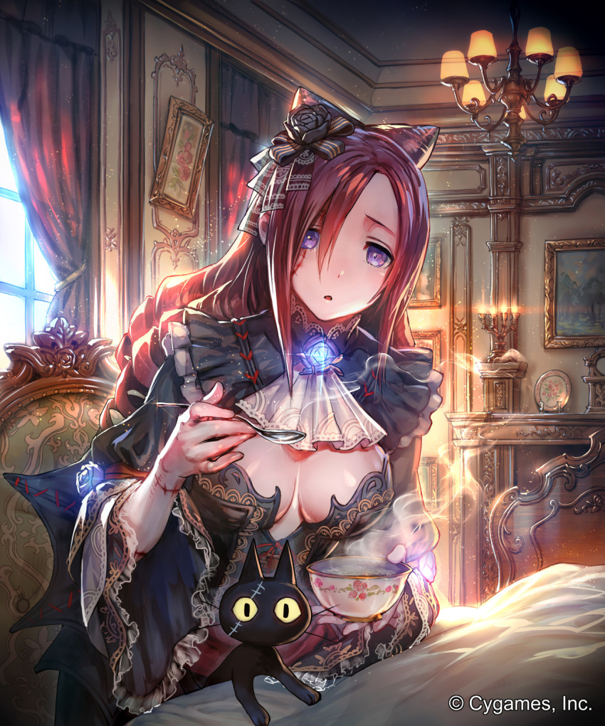 1girl black_dress black_rose breasts brown_hair candelabra candle cat ceres_(shingeki_no_bahamut) chair chandelier company_name curtains dress facial_scar flower hair_flower hair_ornament highres holding holding_spoon indoors long_hair official_art okada_manabi picture_(object) rose scar shingeki_no_bahamut sitting violet_eyes watermark wide_sleeves window yellow_sclera |_|