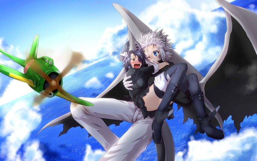 2girls ;o arms_around_neck black_legwear black_shirt blue_eyes blush breasts carrying clouds cloudy_sky commentary_request dragon_girl dragon_tail dragon_wings female_admiral_(kantai_collection) floating from_above g_(desukingu) gloves headgear highres kantai_collection looking_at_another miniskirt multiple_girls ocean one_eye_closed open_mouth pants perspective pleated_skirt princess_carry scar scared shirt short_hair skirt sky spiky_hair tail tenryuu_(kantai_collection) thigh-highs thighs tsubasa_ryuuji wavy_mouth white_gloves white_pants wings
