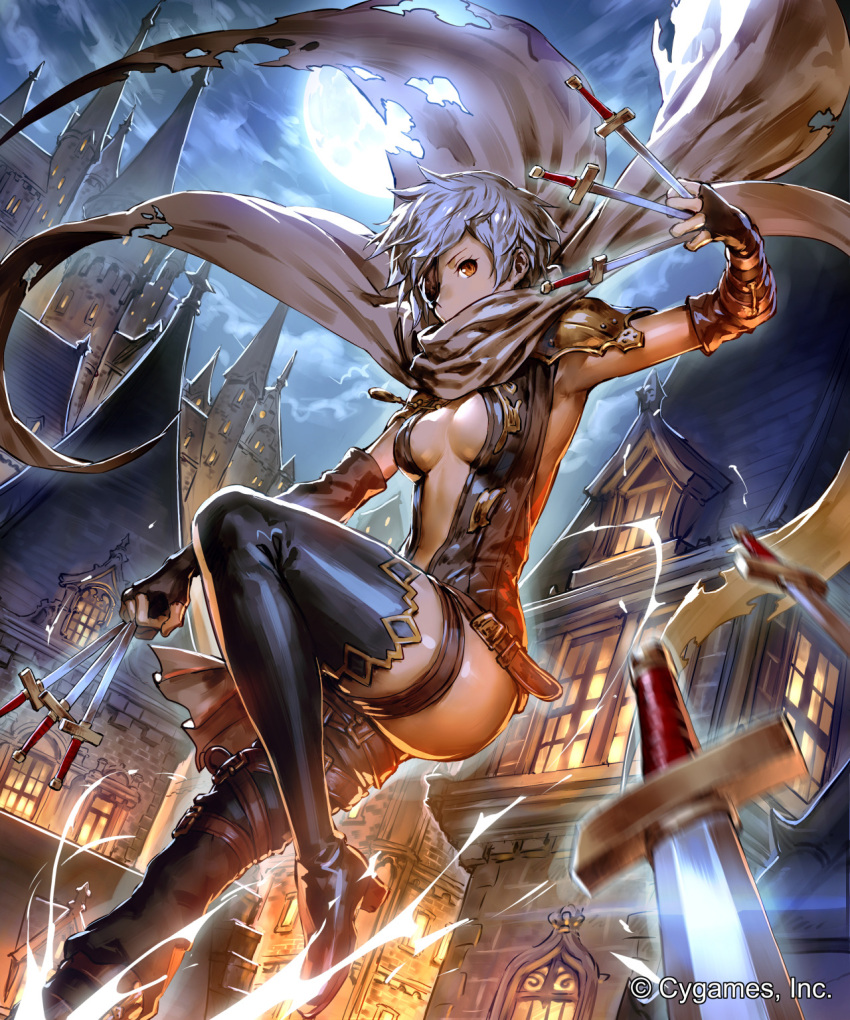 1girl black_legwear boots breasts brown_eyes brown_gloves building cape center_opening company_name dutch_angle eyepatch fingerless_gloves full_moon gloves granblue_fantasy highres knife lavender_hair moon night official_art okada_manabi outdoors short_hair solo tania_(granblue_fantasy) thigh-highs thigh_boots thigh_strap watermark window
