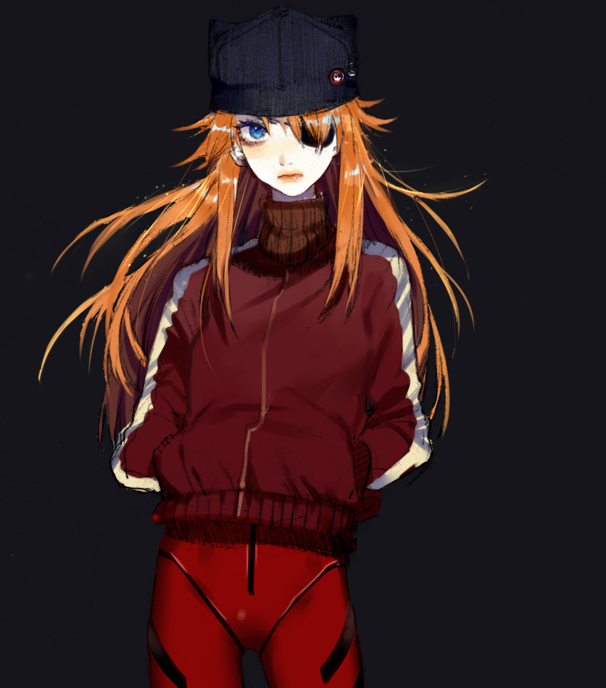 1girl animal_ears animal_hat badge bangs black_background black_hat blue_eyes bodysuit button_badge closed_mouth colored_eyelashes cowboy_shot evangelion:_3.0_you_can_(not)_redo eyepatch fake_animal_ears hair_over_one_eye hands_in_pockets hat hat_ornament highres jacket lips long_hair long_sleeves looking_at_viewer neon_genesis_evangelion orange_hair pilot_suit plugsuit rebuild_of_evangelion shikinami_asuka_langley sidelocks simple_background single_vertical_stripe sketch solo souryuu_asuka_langley standing tian_(my_dear) track_jacket turtleneck