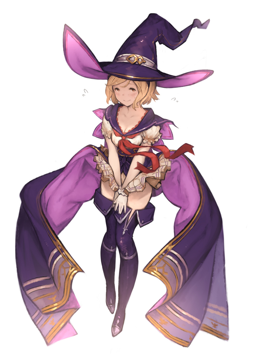 1girl bangs blonde_hair blush boots breasts brown_eyes closed_mouth collarbone djeeta_(granblue_fantasy) eyelashes flying_sweatdrops full_body gloves granblue_fantasy hanarito hat highres looking_at_viewer medium_breasts miniskirt neckerchief official_style overskirt own_hands_together pleated_skirt puffy_short_sleeves puffy_sleeves purple_boots purple_hat sailor_collar shirt short_hair short_sleeves simple_background skirt skirt_lift skirt_tug smile solo sweat swept_bangs thigh-highs thigh_boots v_arms warlock_(granblue_fantasy) white_background white_gloves white_shirt wind wind_lift witch_hat