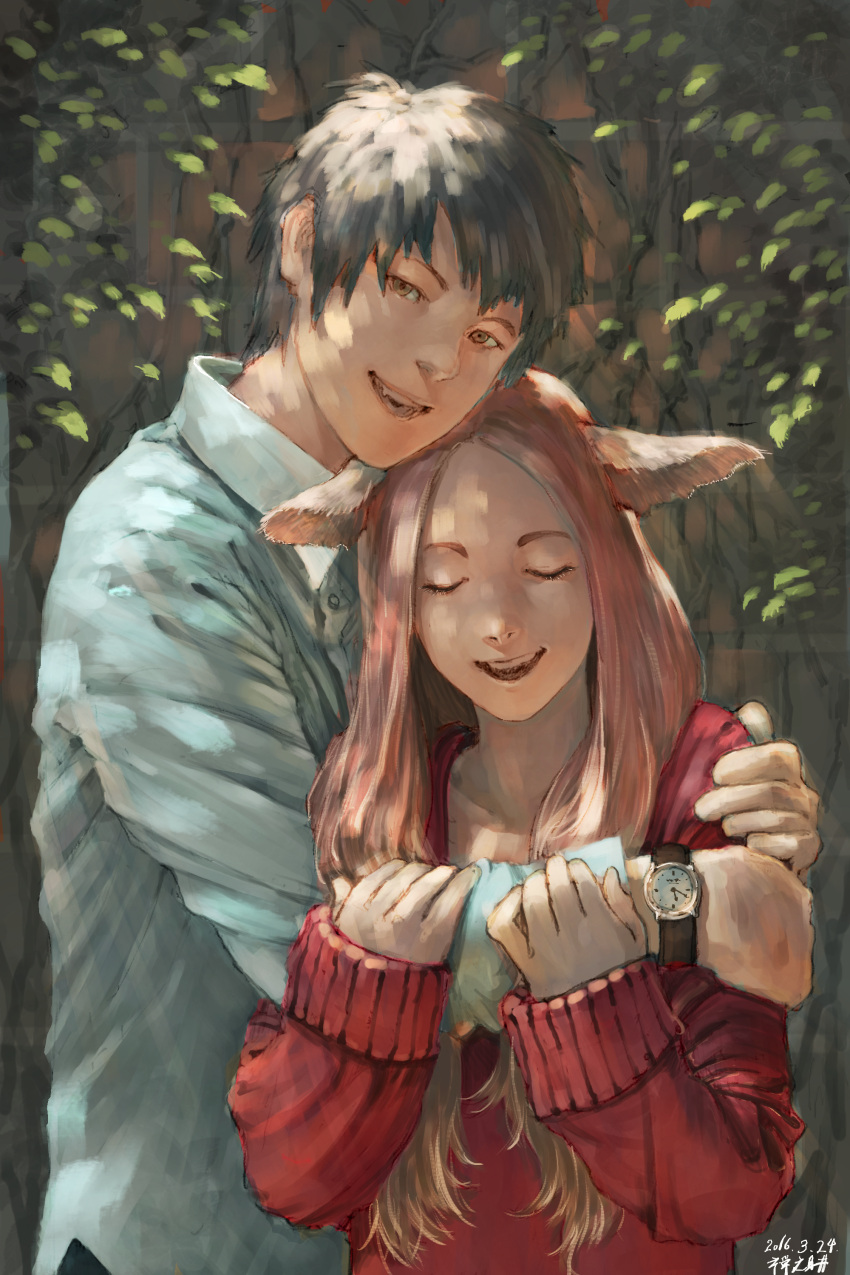 1boy 1girl 2016 :d absurdres animal_ears arm_grab artist_name bangs black_hair blue_shirt closed_eyes couple dated highres hug long_hair looking_at_viewer number open_mouth original parted_bangs plant red_sweater shirt short_hair smile upper_body vines watch watch zennosuke