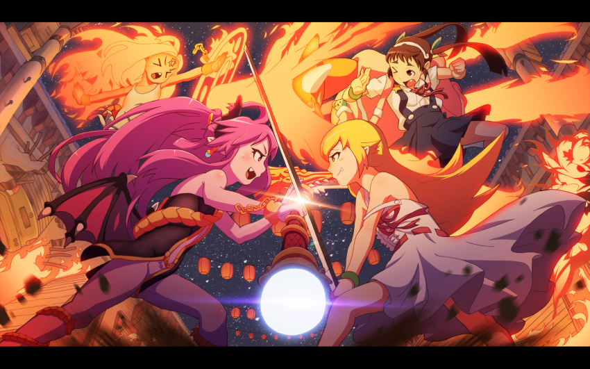 &gt;_&lt; &gt;_o 4girls bangle blonde_hair blue_skirt blush bracelet brown_eyes car chain closed_eyes cuffs demon_girl demon_horns demon_tail dress earrings eye_contact fire from_side ground_vehicle hachikuji_mayoi highres holding holding_staff holding_sword holding_weapon horns jewelry katana kneehighs letterboxed long_hair looking_at_another low_wings monogatari_(series) motor_vehicle multiple_girls nakta one_eye_closed open_mouth original oshino_shinobu outdoors outstretched_arms pink_eyes pink_hair pointy_ears school_uniform shackles shirt short_sleeves sideways_mouth skirt sky spread_arms staff star star_(sky) starry_sky strap_slip sundress sweatdrop sword tail tank_top twintails weapon white_dress white_legwear white_shirt wings yellow_eyes