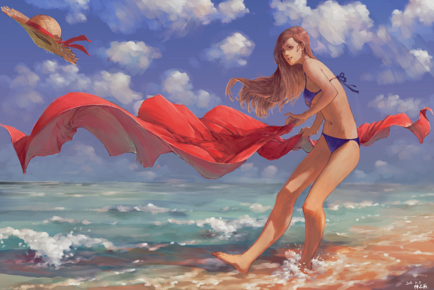 1girl 2016 artist_name barefoot bikini blue_bikini brown_hair clouds dated full_body hat highres holding long_hair number original outdoors parted_lips sky smile solo sun_hat swimsuit water waves wind zennosuke