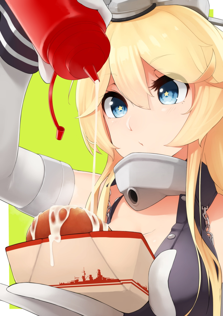1girl arm_up blonde_hair blue_eyes breasts chain cleavage close-up collarbone concentrating detached_sleeves elbow_gloves fingerless_gloves food front-tie_top gloves green_background hat highres holding holding_food iowa_(kantai_collection) kantai_collection large_breasts long_hair mayonaise messy_hair pouty_lips ship simple_background solo squeeze_bottle star star-shaped_pupils suginoji symbol-shaped_pupils upper_body watercraft