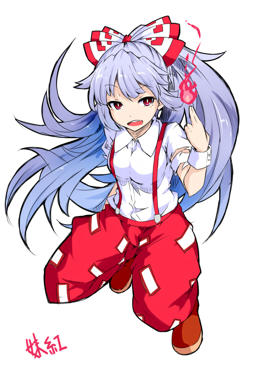 1girl bent_knees bow breasts commentary_request fire fujiwara_no_mokou full_body hair_bow hand_in_pocket highres ishimu long_hair looking_at_viewer medium_breasts monpe open_mouth pants red_eyes red_pants shirt short_sleeves silver_hair solo squatting suspenders torn_clothes torn_shirt touhou very_long_hair white_shirt wrist_cuffs