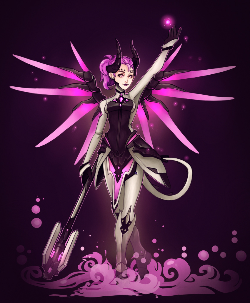 1girl alternate_costume arm_up bodysuit breasts dark_persona demon_horns demon_tail devil_mercy facial_mark faulds forehead_mark full_body gloves glowing highres holding_staff horns light_particles lips lipstick makeup mechanical_halo mechanical_wings mercy_(overwatch) nastassia_wallace outstretched_arm overwatch purple_background purple_hair purple_lipstick purple_wings short_hair small_breasts smile solo spread_wings staff standing tail violet_eyes wings