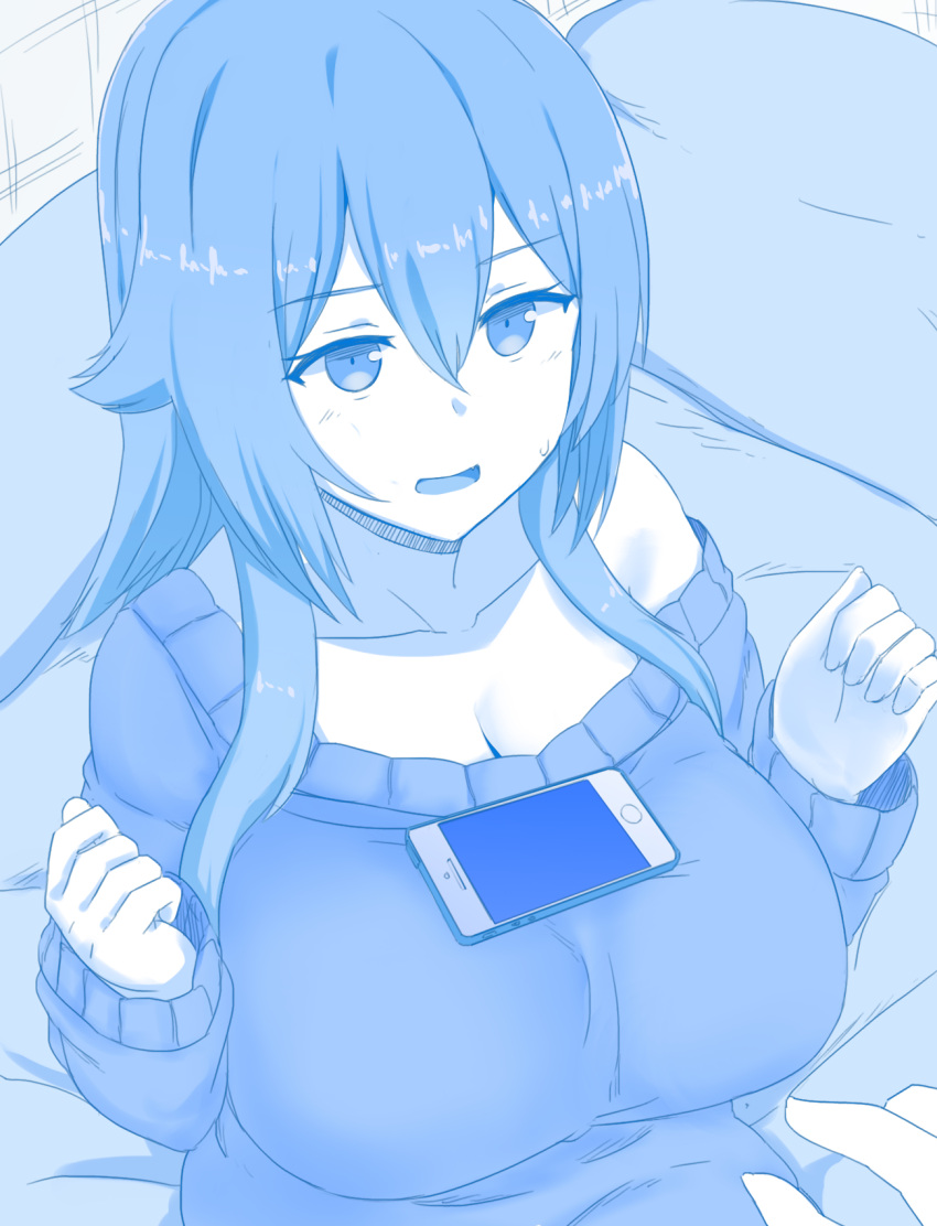 1girl blue breasts cellphone female hair_between_eyes highres large_breasts long_hair looking_at_viewer monochrome mori_yoshihara nao_(ritsancrossover) object_on_breast off_shoulder open_mouth original parody phone sitting smartphone solo style_parody sweatdrop sweater tawawa_challenge