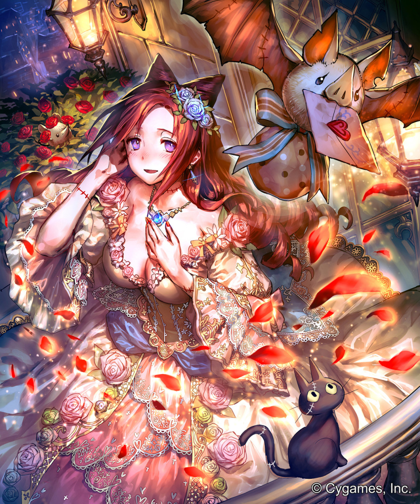 1girl :d bare_shoulders bat blue_rose blush breasts brown_hair building cat ceres_(shingeki_no_bahamut) company_name drill_hair dutch_angle earrings facial_scar flower glint hair_flower hair_ornament hand_on_own_chest heart highres jewelry letter long_hair love_letter mouse mouth_hold nail_polish necklace night official_art okada_manabi open_mouth outdoors petals red_nails red_rose rose scar shingeki_no_bahamut shirt skirt smile sparkle violet_eyes watermark white_shirt white_skirt yellow_sclera |_|