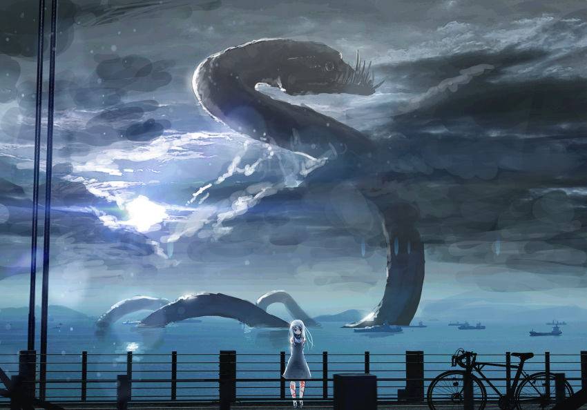 1girl arms_behind_back bicycle dress ground_vehicle highres long_hair looking_at_viewer monster oota_youjo original outdoors ship silver_hair solo watercraft