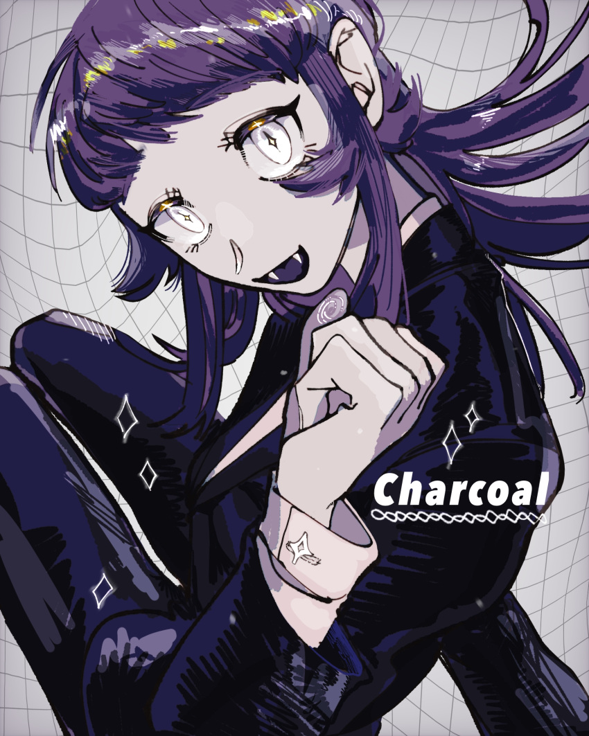 1girl black_jacket black_pants character_name clenched_hand diamond-shaped_pupils diamond_(shape) fangs highres jacket long_hair looking_at_viewer negiwasa555 open_mouth original pants sidelocks solo suit symbol-shaped_pupils wrist_cuffs