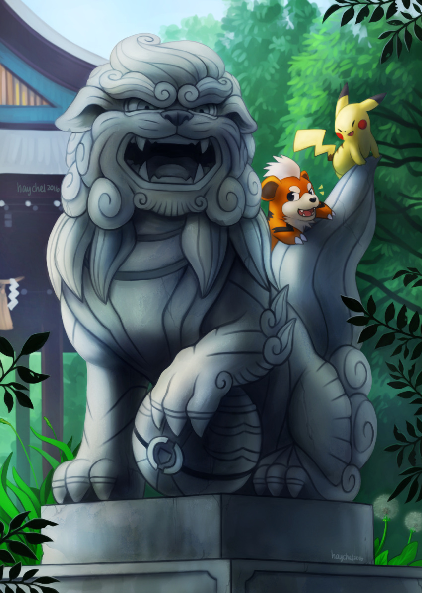 2016 arcanine artist_name closed_eyes fangs forest growlithe haychel highres nature no_humans pikachu pokemon pokemon_(creature) smile statue
