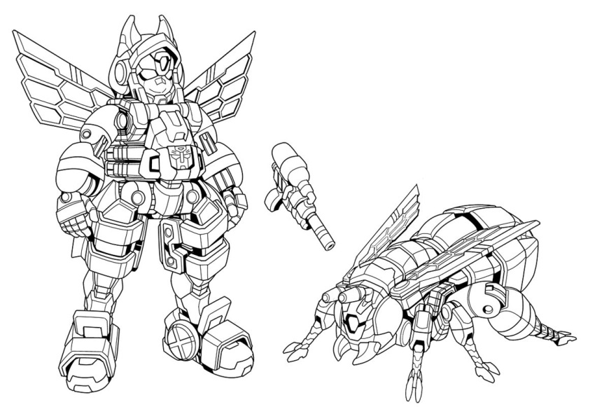 1boy animalization autobot bee bumblebee gun insignia kamizono_(spookyhouse) machine machinery mecha mechanical_wings mechanization monochrome no_humans redesign robot smile solo transformers weapon wings