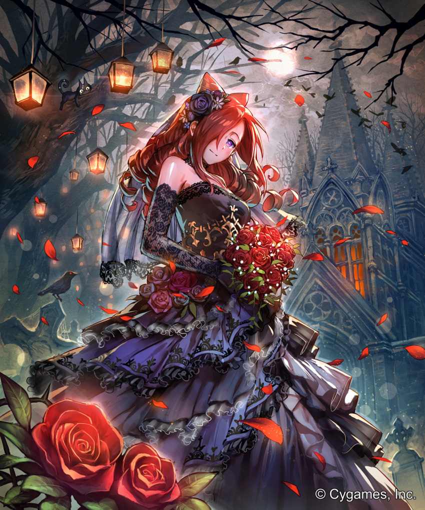 1girl bare_shoulders bare_tree bird black_dress black_rose blush bouquet bride brown_hair cat ceres_(shingeki_no_bahamut) church clouds company_name dress drill_hair flower full_moon gloves grave hair_over_one_eye head_tilt highres holding_bouquet in_tree lace lace_gloves long_hair looking_at_viewer lying moon official_art okada_manabi on_stomach outdoors petals purple_skirt red_eyes red_rose rose shingeki_no_bahamut shirt skirt sleeveless sleeveless_shirt standing tree veil violet_eyes watermark yellow_sclera |_|