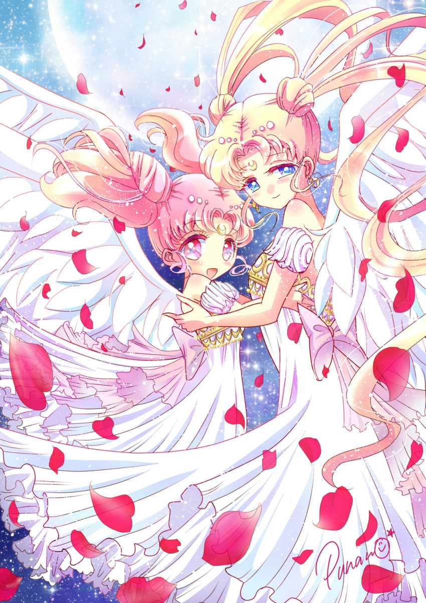 2girls :d bishoujo_senshi_sailor_moon blonde_hair blue_background blue_eyes chibi_usa cowboy_shot crescent double_bun dress earrings facial_mark forehead_mark full_moon hair_ornament hairpin highres jewelry looking_at_viewer moon multiple_girls open_mouth petals pink_eyes pink_hair princess_serenity punano short_hair signature small_lady_serenity smile tsukino_usagi twintails white_dress white_wings wings