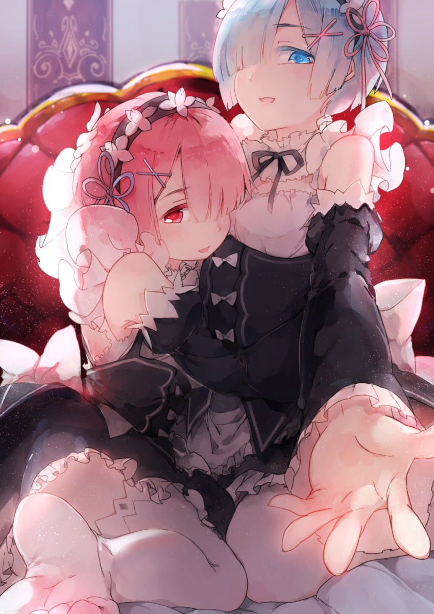 2girls bangs beckoning blue_eyes blue_hair blue_ribbon blunt_bangs blush come_hither couch detached_sleeves feet hair_ornament hair_over_one_eye highres hug long_sleeves looking_at_viewer maid multiple_girls no_shoes open_mouth outstretched_arm outstretched_hand pink_eyes pink_hair pink_ribbon ram_(re:zero) re:zero_kara_hajimeru_isekai_seikatsu rem_(re:zero) ribbon short_hair shuzi siblings sisters sitting smile thigh-highs twins white_legwear wide_sleeves x_hair_ornament