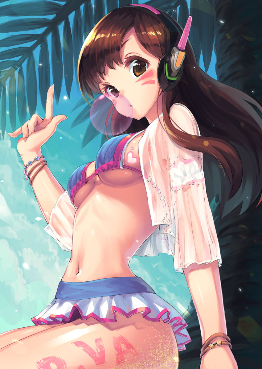 1girl absurdres adapted_costume arm_at_side bikini bikini_skirt blue_bikini bracelet breasts brown_eyes brown_hair bubblegum close-up crop_top d.va_(overwatch) facepaint fingernails headphones heart highres index_finger_raised jewelry kamome_yuu long_fingernails long_hair looking_at_viewer medium_breasts navel open_clothes open_shirt outdoors overwatch palm_tree parted_lips plant sand shirt short_sleeves sitting solo stomach swimsuit transparent tree under_boob white_shirt