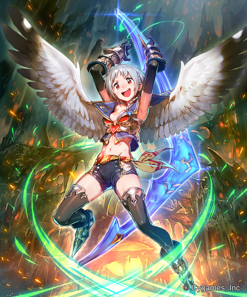 &gt;:d 1girl :d arm_up armor armored_boots black_legwear boomerang boots braid breasts character_request company_name crop_top feathers full_body gauntlets grey_hair head_tilt highres holding midriff navel official_art okada_manabi open_mouth red_eyes sailor_collar shingeki_no_bahamut short_hair_with_long_locks shorts side_braid smile solo thigh-highs watermark white_wings wings