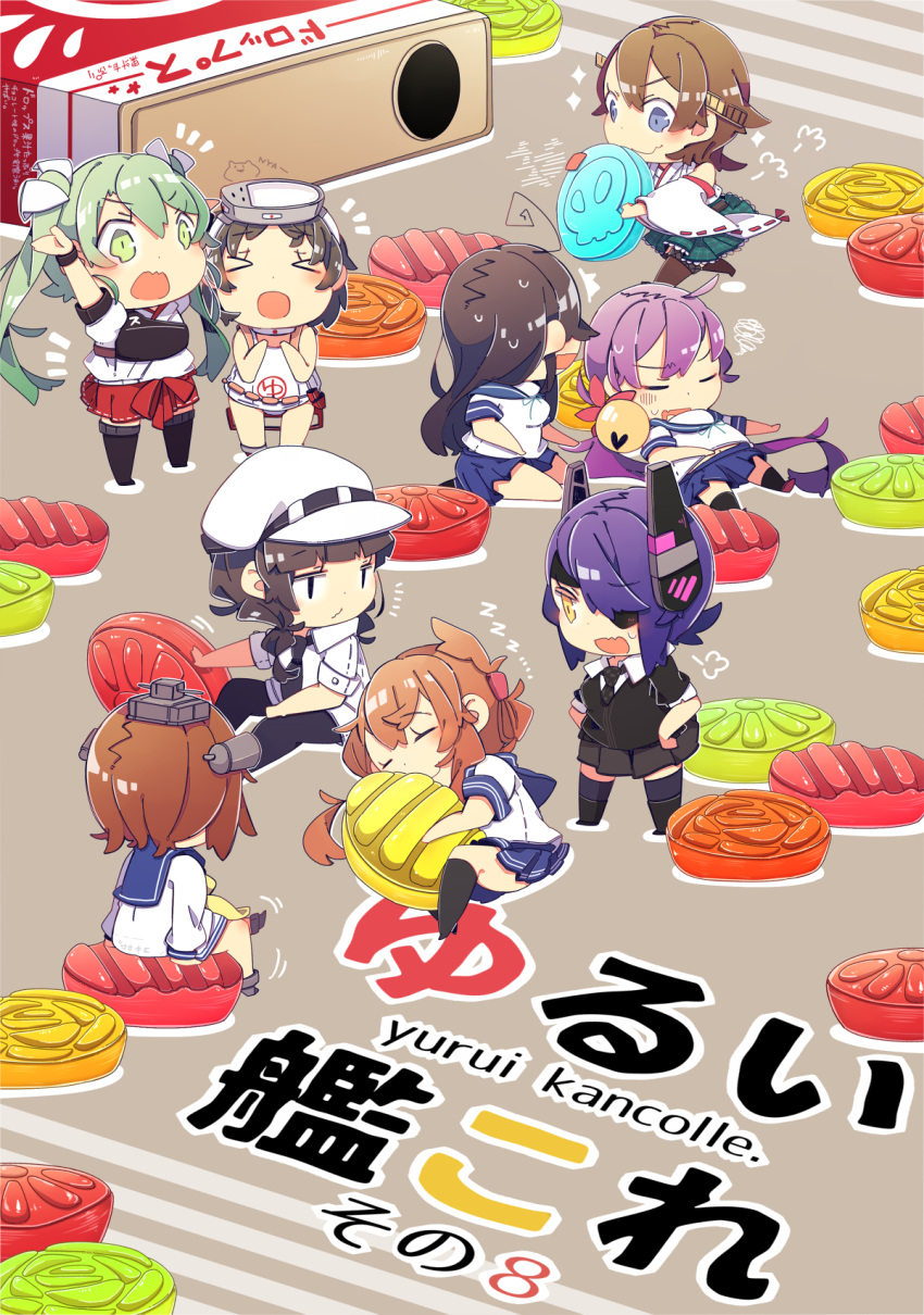akebono_(kantai_collection) bangs bell black_hair blunt_bangs braid brown_hair candy chibi closed_eyes commentary_request detached_sleeves diving_mask_on_head dress eyepatch flower flying_sweatdrops folded_ponytail food green_eyes green_hair grey_eyes hair_bell hair_flower hair_ornament hair_over_one_eye hairclip hakama hands_on_hips hat headgear hiei_(kantai_collection) highres inazuma_(kantai_collection) japanese_clothes kantai_collection long_hair maru-yu_(kantai_collection) military military_hat military_uniform muneate necktie nontraditional_miko object_hug open_mouth pantyhose peaked_cap pepekekeko pleated_skirt purple_hair sailor_collar sailor_dress sailor_shirt school_swimsuit school_uniform serafuku shirt short_hair shorts side_ponytail sitting skirt sleeping sweater swimsuit tenryuu_(kantai_collection) translation_request twin_braids twintails uniform ushio_(kantai_collection) wariza watabe_koharu wide_sleeves yellow_eyes yukikaze_(kantai_collection) zuikaku_(kantai_collection) zzz