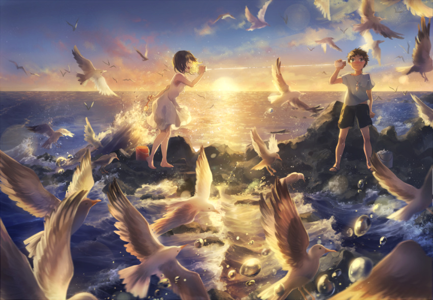 1boy 1girl ^_^ animal arm_at_side backlighting bare_arms barefoot bird black_hair black_shorts blush bob_cut brown_hair bucket clenched_hand closed_eyes clouds domik dress flip-flops hand_net holding horizon legs_apart lens_flare motion_blur nature ocean open_mouth original outdoors profile revision sandals scenery seagull shade shirt short_hair shorts sky sleeveless sleeveless_dress smile standing string_phone sun sundress sunset t-shirt water water_drop waves white_dress wind