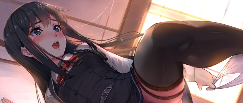 1girl akasaai asashio_(kantai_collection) belt black_hair black_legwear blouse blue_eyes blush buttons commentary_request dress dutch_angle eyebrows eyebrows_visible_through_hair highres kantai_collection long_hair long_sleeves necktie open_mouth out-of-frame_censoring panties panties_around_one_leg pinafore_dress pleated_skirt red_necktie remodel_(kantai_collection) skirt thigh-highs underwear vest white_blouse white_panties