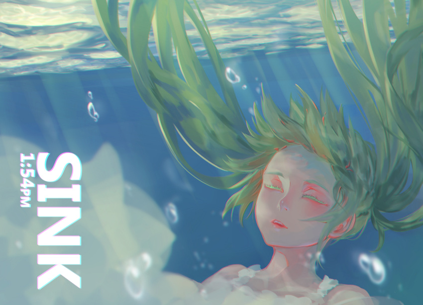 1girl air_bubble alternate_hair_color bubble closed_eyes colored_eyelashes dress english floating_hair forehead green_hair hatsune_miku light_rays lips long_hair ltr0312 mouth nose sinking solo submerged sunlight text twintails underwater upper_body vocaloid water wet