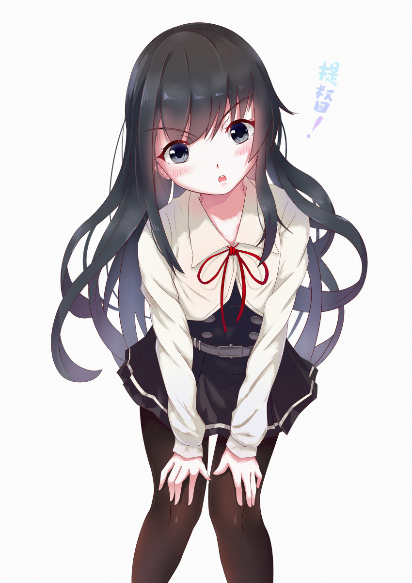 1girl absurdres asashio_(kantai_collection) belt black_hair black_legwear blouse buttons commentary_request dress eyebrows eyebrows_visible_through_hair gh_(chen_ghh) hand_on_own_knee highres kantai_collection long_hair long_sleeves looking_at_viewer open_mouth pinafore_dress pleated_skirt remodel_(kantai_collection) simple_background skirt vest white_background white_blouse