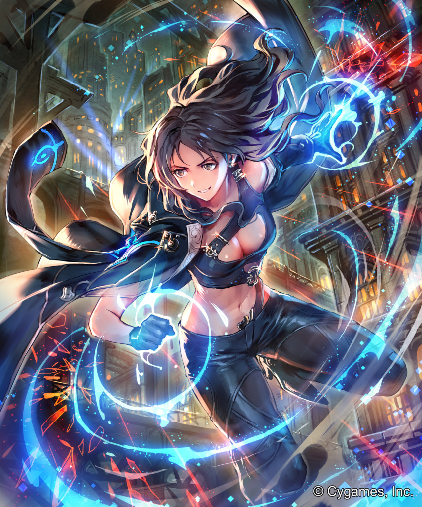 1girl black_boots black_gloves black_hair black_pants boots breasts brown_eyes building cleavage clenched_hand company_name dei_(shingeki_no_bahamut) gloves high_heels highres jacket long_hair magic navel official_art okada_manabi open_clothes open_jacket outstretched_arm pants parted_lips shingeki_no_bahamut smile solo watermark window