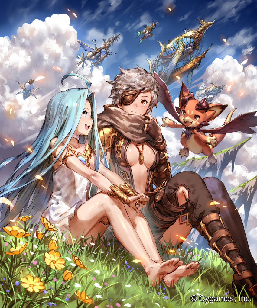 2girls :d ahoge airship bangs bare_shoulders barefoot blue_eyes blue_hair blush boots breasts brown_eyes brown_gloves brown_hair brown_legwear closed_mouth clouds collarbone company_name creature dress eyepatch fangs fingerless_gloves flower frown gloves granblue_fantasy grass highres jewelry lyria_(granblue_fantasy) multiple_girls necklace official_art okada_manabi open_mouth outdoors short_hair sitting sky sleeveless sleeveless_dress smile swept_bangs tania_(granblue_fantasy) thigh-highs thigh_boots vee_(granblue_fantasy) watermark white_dress