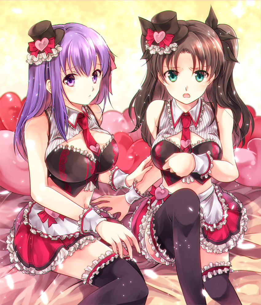2girls :o alternate_costume apron bangs black_hair black_legwear black_ribbon blue_eyes blurry bow breasts closed_mouth crop_top depth_of_field eyebrows eyebrows_visible_through_hair fate/grand_order fate_(series) frilled_apron frilled_skirt frills furrowed_eyebrows garters glowing hair_ribbon hat hat_bow heart highres iroha_(shiki) lace large_breasts light_particles long_hair looking_at_viewer matching_outfit matou_sakura midriff mini_hat mini_top_hat miniskirt multiple_girls navel necktie on_bed petals pout purple_hair red_bow red_necktie red_skirt revision ribbon short_necktie sitting skirt sleeveless stomach striped thigh-highs toosaka_rin top_hat two_side_up vertical_stripes violet_eyes waist_apron wrist_cuffs yellow_background zettai_ryouiki
