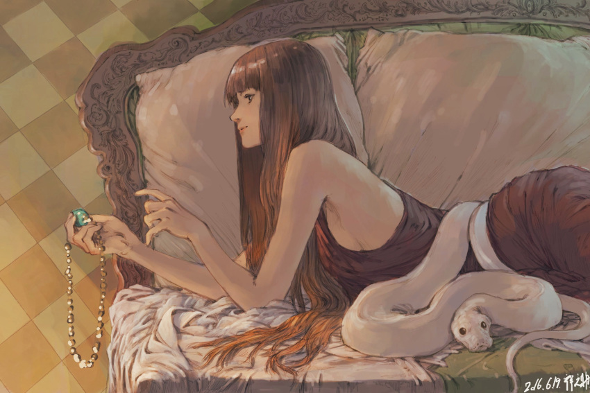 1girl 2016 animal artist_name bangs bare_shoulders breasts brown_hair dated fantasy from_side gem highres jewelry lips long_hair lying mouth necklace on_bed on_stomach original pendant profile shiny shiny_hair sideboob signature smile snake solo text tile_wall tiles very_long_hair watermark white_snake witch zennosuke