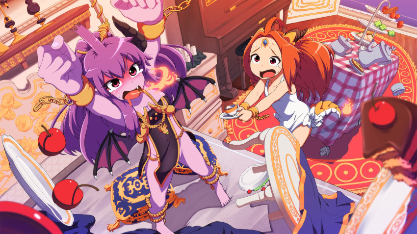 2girls ahoge apple arms_up barefoot blurry blush breasts breathing_fire cake candle chain cherry cleavage clenched_hands collarbone cuffs cup cushion demon_girl demon_horns demon_wings depth_of_field fang fire food forehead_jewel fruit highres horns instrument long_hair looking_at_another low_wings multiple_girls nakta on_bed open_mouth orange_hair original outstretched_arms piano pink_eyes plate purple_hair purple_skin red_eyes rug sandwich saucer shackles shelf shirt standing sweatdrop table tail teacup teapot white_shirt wings wooden_floor