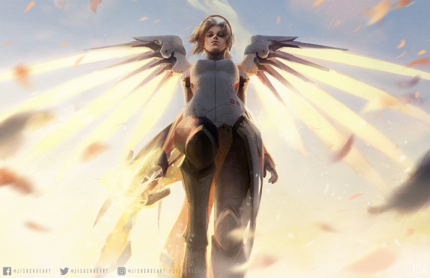 1girl blonde_hair blurry clouds depth_of_field feathers from_below jisuart looking_down mechanical_halo mechanical_wings mercy_(overwatch) midair overwatch pelvic_curtain sky solo staff wings