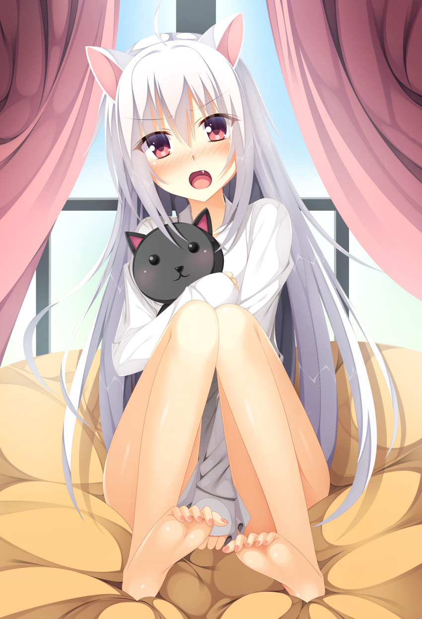 1girl :3 :o absurdres ahoge animal animal_ears artist_request bare_legs barefoot bed bed_sheet black_cat black_eyes black_fur blush cat cat_ears closed_mouth covering covering_crotch curtains eyebrows eyebrows_visible_through_hair fang hair_between_eyes head_tilt highres holding_animal indoors legs_up long_hair long_sleeves looking_at_viewer nail_polish no_pants on_bed open_mouth original pink_nails red_eyes shinigami shinigami_(tukiyomiikuto) shirt shirt_tug silver_hair sitting sleeves_past_wrists solo toenail_polish tooth very_long_hair white_shirt window